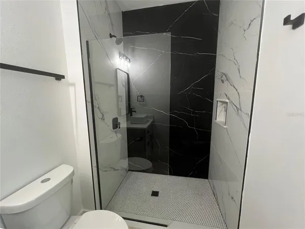 a bathroom with a shower and toilet