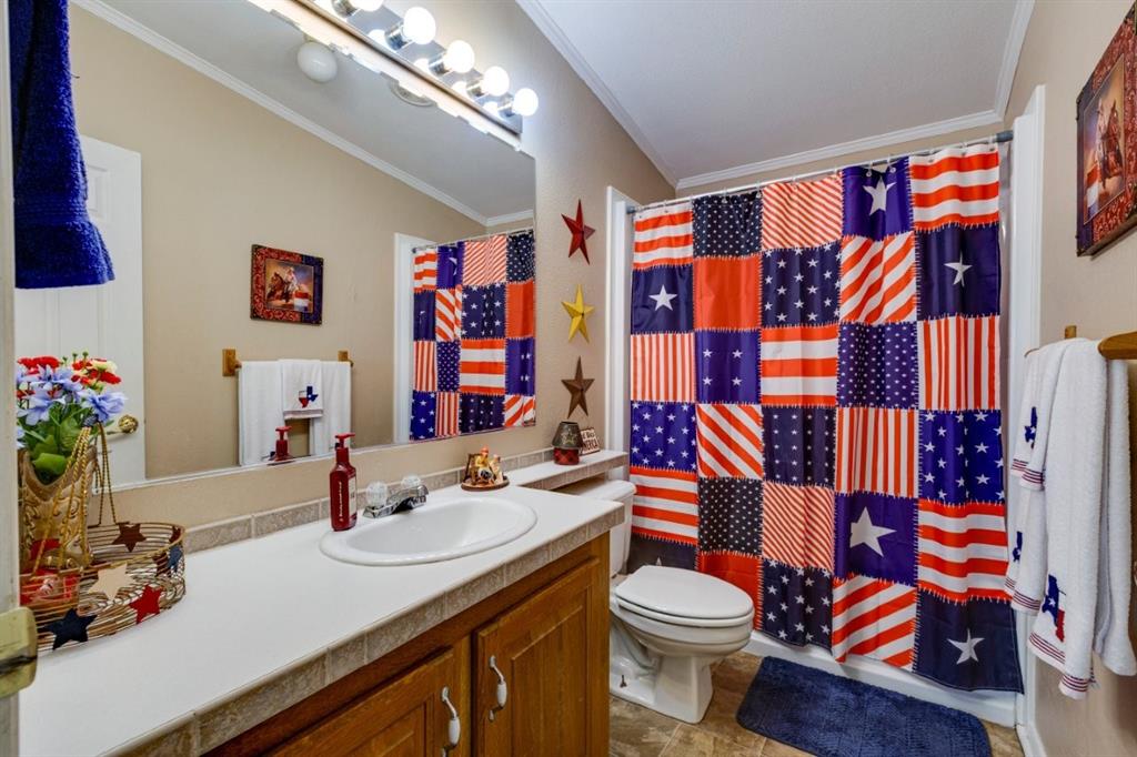4880 Whitehead Road Midlothian, TX 76065 - Photo 21 of 36 a bathroom with a sink toilet and shower curtain