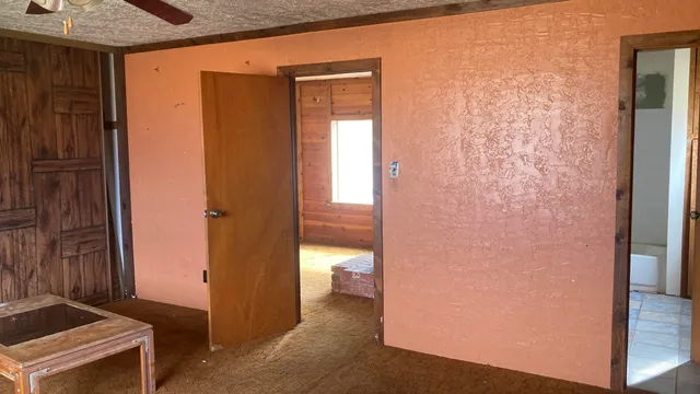 a view of a hallway with wooden floor and a bathroom