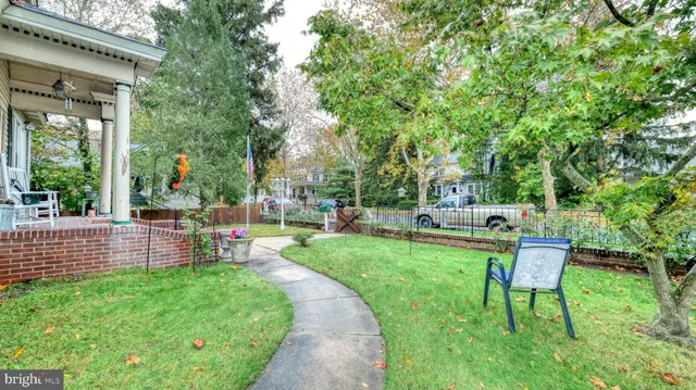 a garden view with a seating space