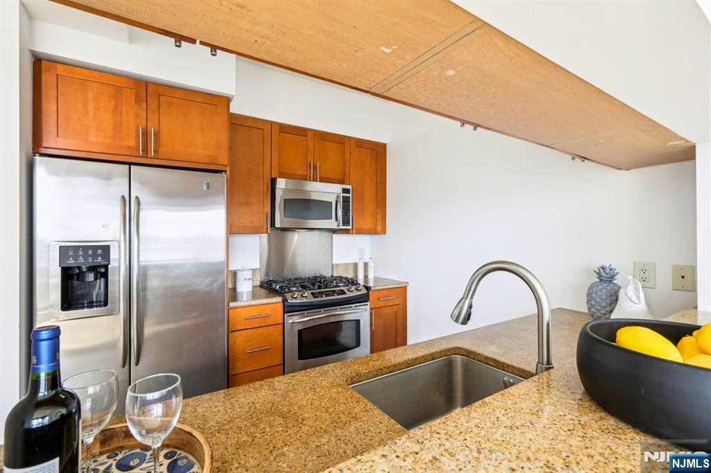 1 Spring Street, Unit 1004 New Brunswick, NJ 08901 - Photo 10 of 26 a kitchen with stainless steel appliances granite countertop a sink a stove and a refrigerator