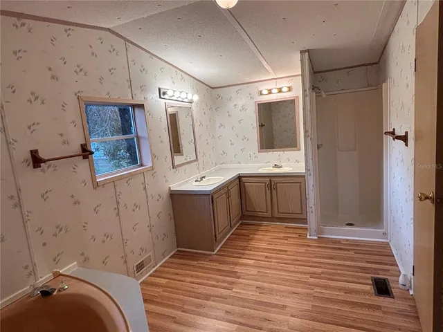 a bathroom with a sink a mirror and a shower