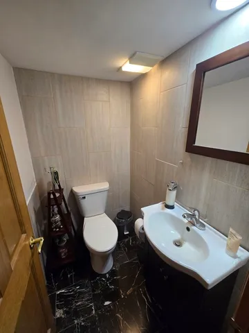 a bathroom with a sink toilet and mirror