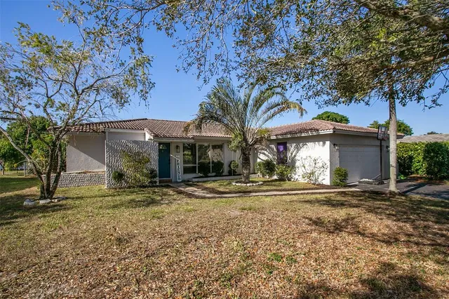 a view of a house with a yard and large tree