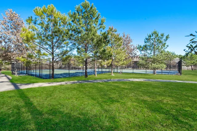 a view of a park with large trees