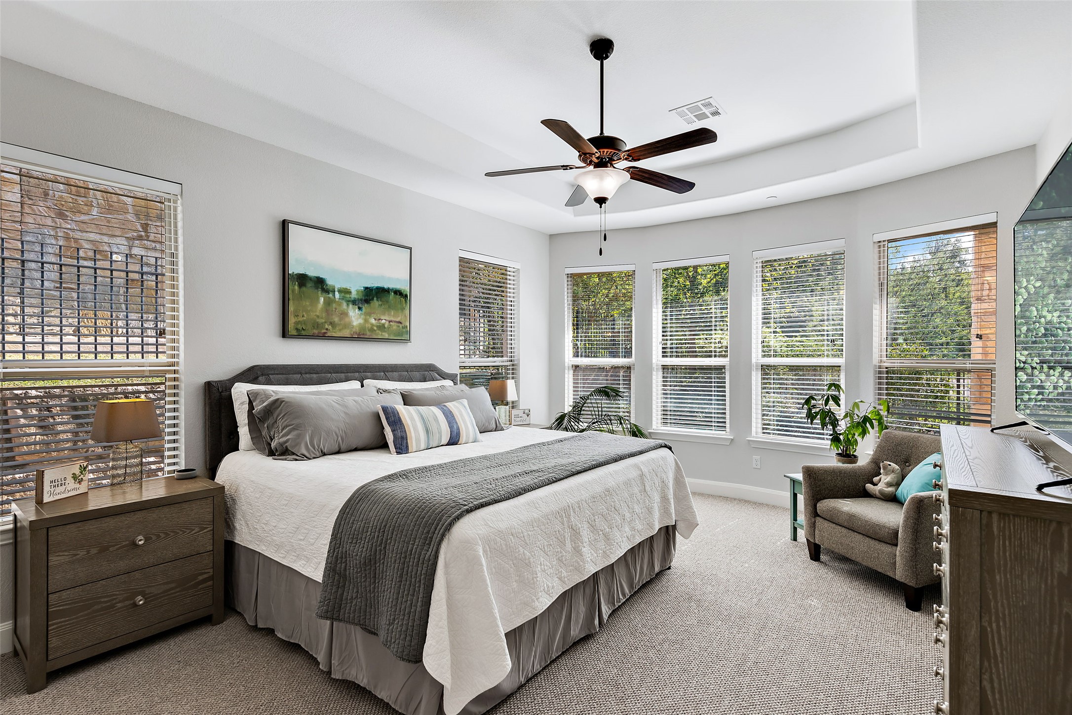 106 Maxwell Way, Unit 33 Austin, TX 78738 - Photo 12 of 40 Bedroom with carpet floors, ceiling fan, and a tray ceiling