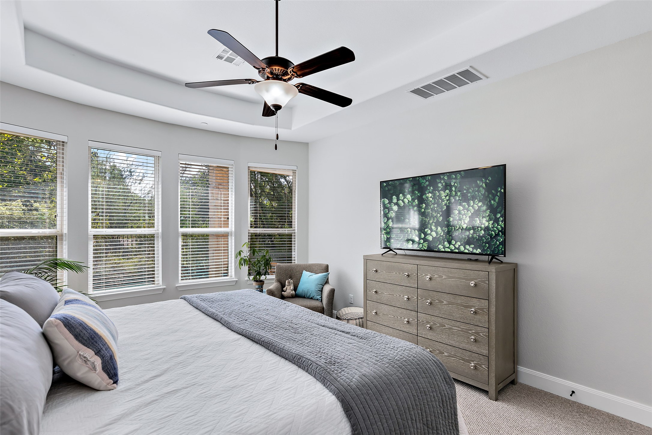 106 Maxwell Way, Unit 33 Austin, TX 78738 - Photo 13 of 40 Bedroom with a tray ceiling, carpet floors, and a ceiling fan