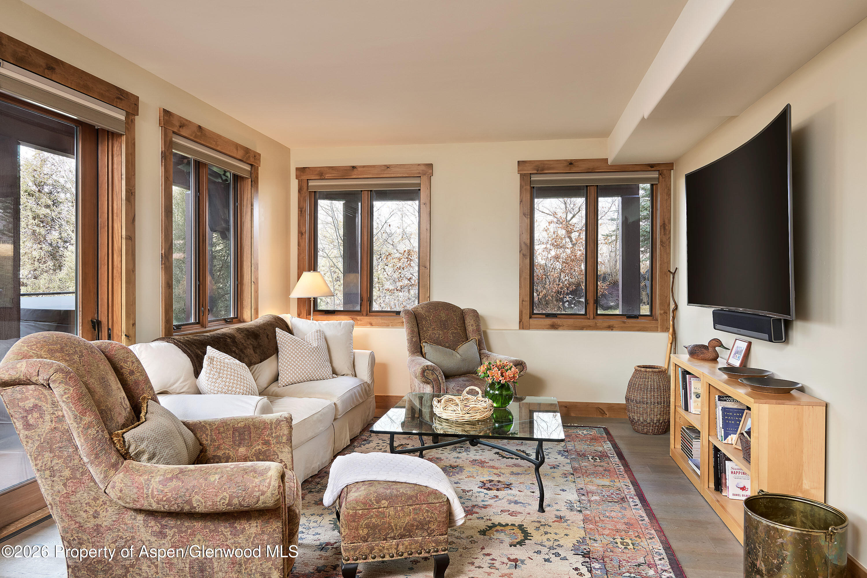 219 Overlook Ridge Basalt, CO 81621 - Photo 16 of 34 a living room with furniture flat screen tv and a large window
