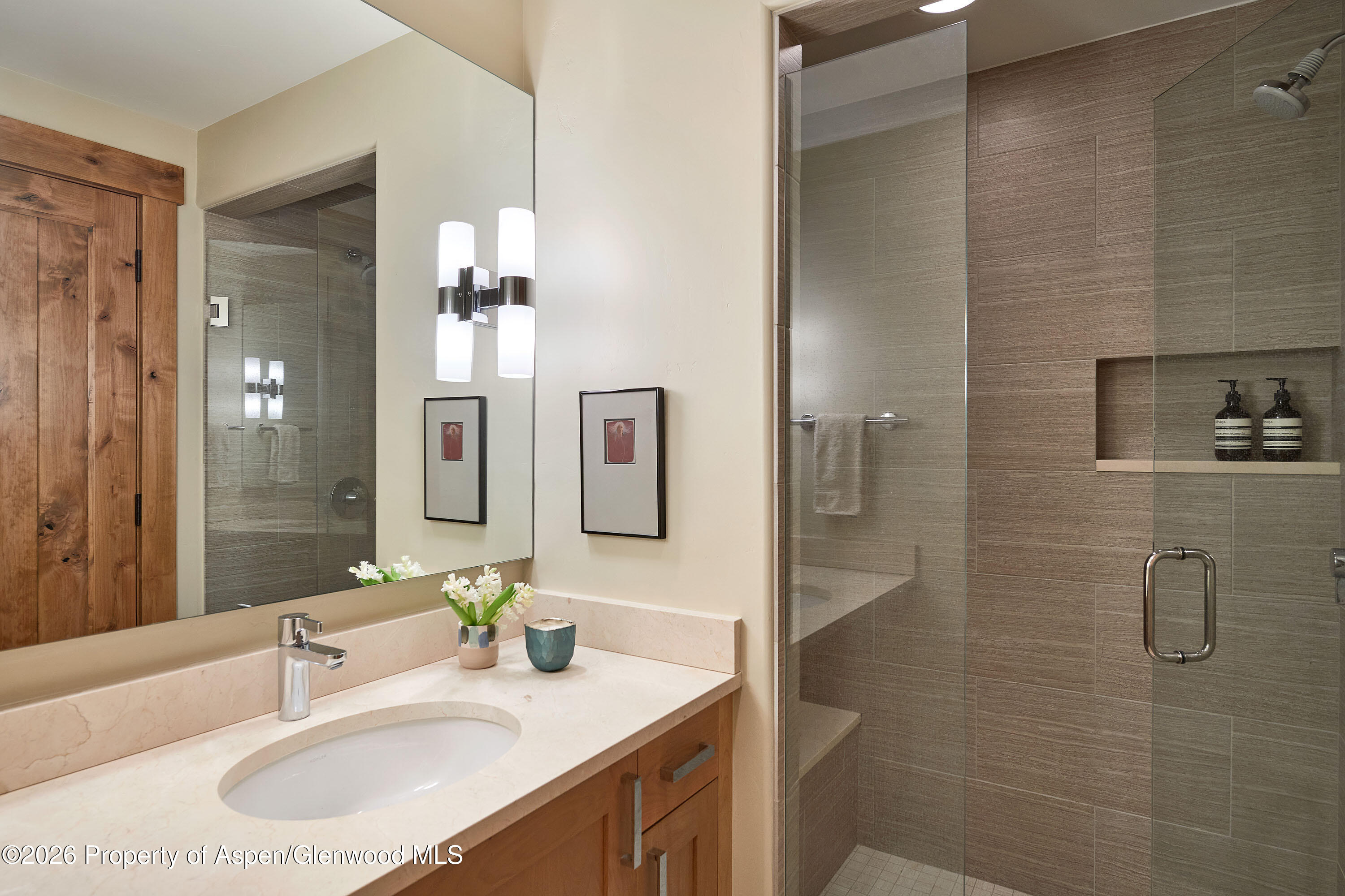 219 Overlook Ridge Basalt, CO 81621 - Photo 20 of 34 a bathroom with a sink vanity granite and shower