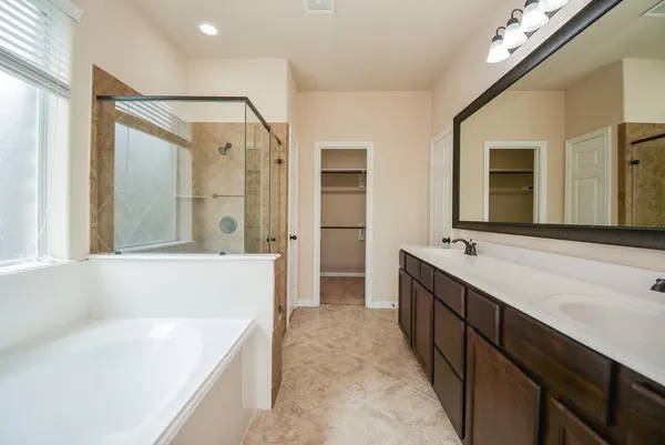 a bathroom with a tub sink shower and mirror