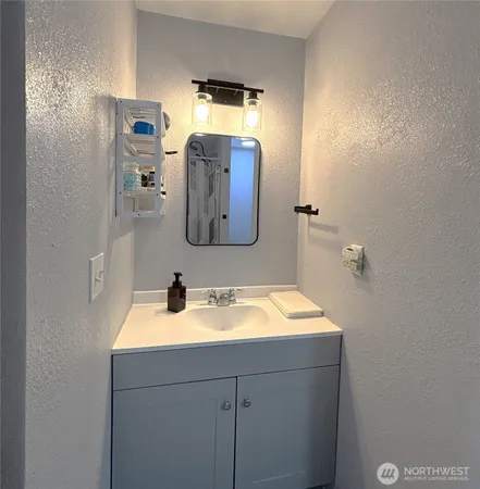 a bathroom with a sink and a mirror