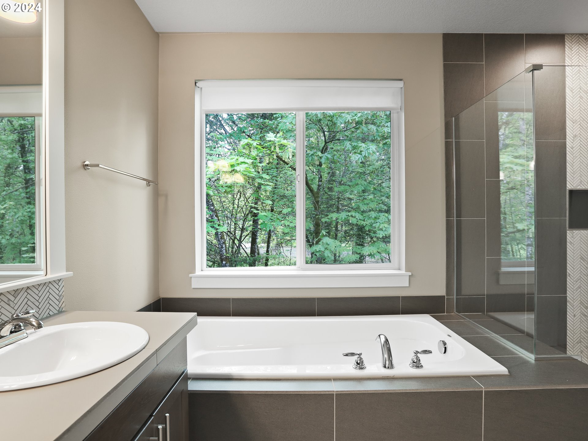 8087 Southwest Oldham Drive Beaverton, OR 97007 - Photo 29 of 46 a bathroom with a granite countertop sink and mirror with window
