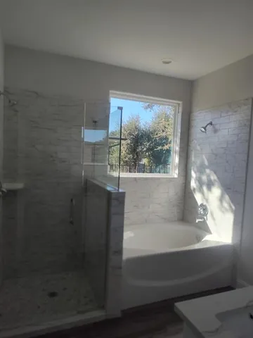 a bathroom with a bathtub