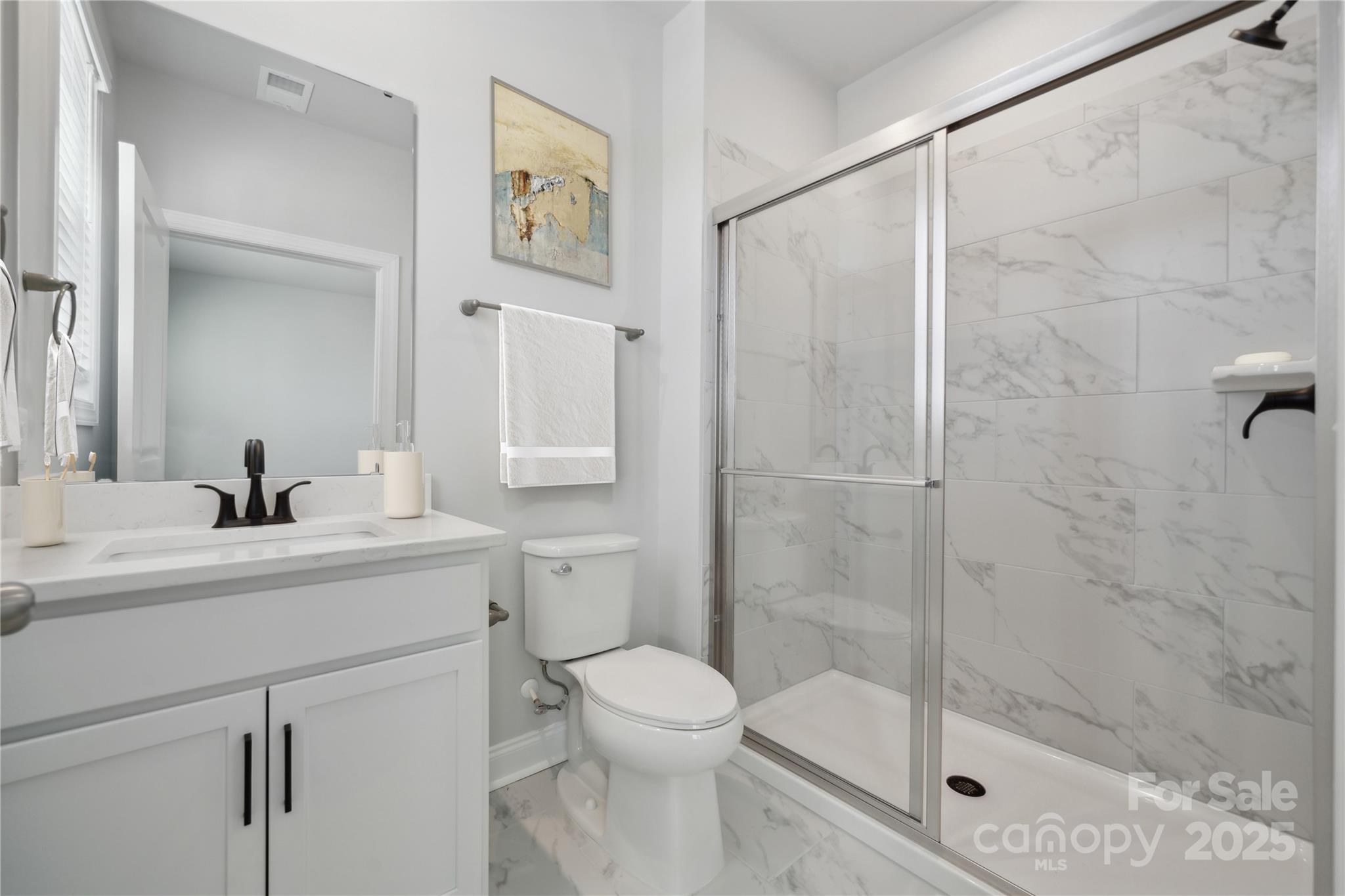 204 Balboa Street Matthews, NC 28104 - Photo 13 of 33 a bathroom with a shower sink vanity mirror and toilet