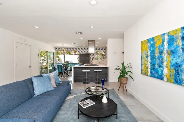 a living room with furniture and a potted plant