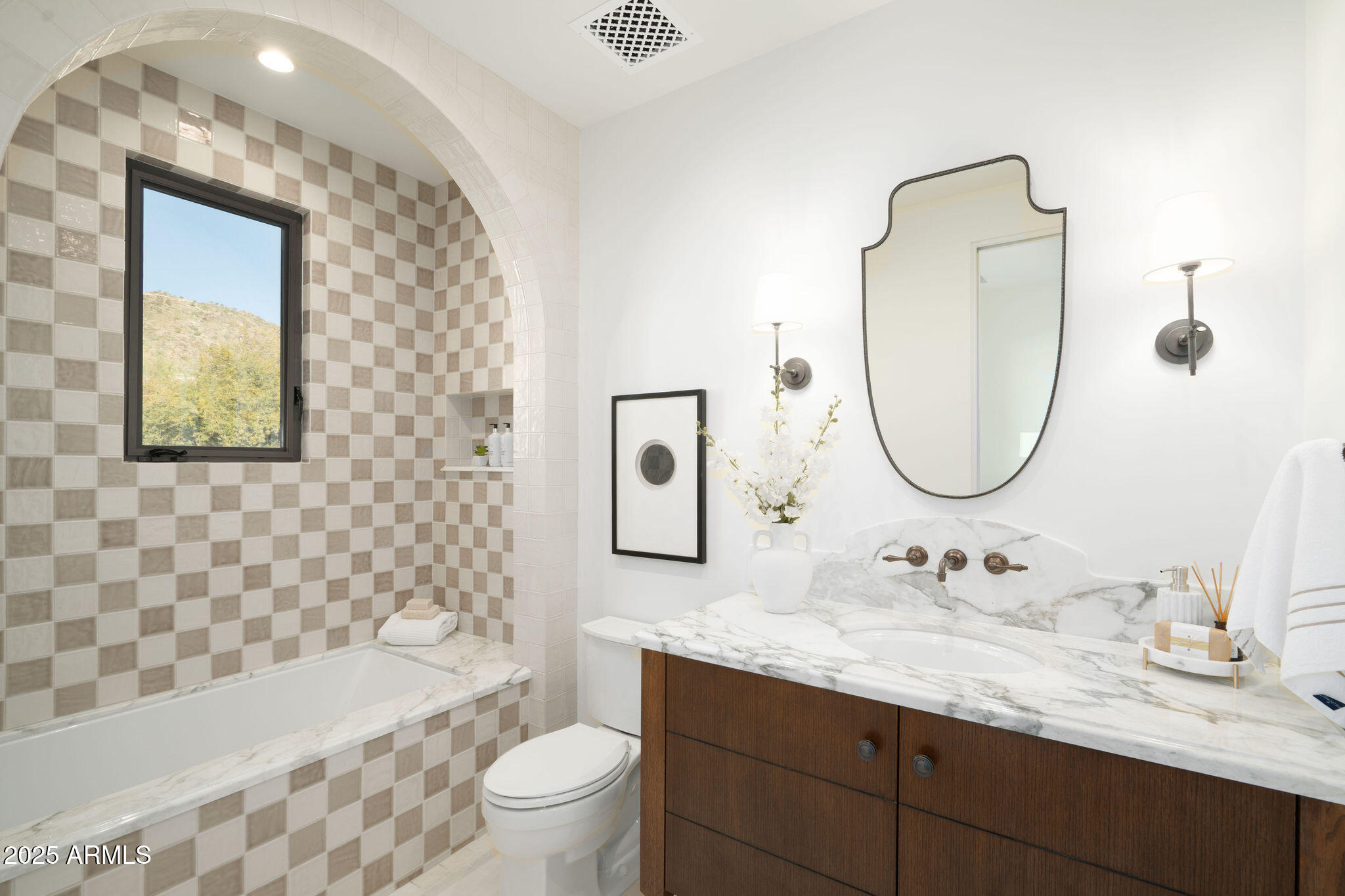 5902 East Cactus Wren Road Paradise Valley, AZ 85253 - Photo 45 of 72 a bathroom with a granite countertop sink mirror toilet and bathtub