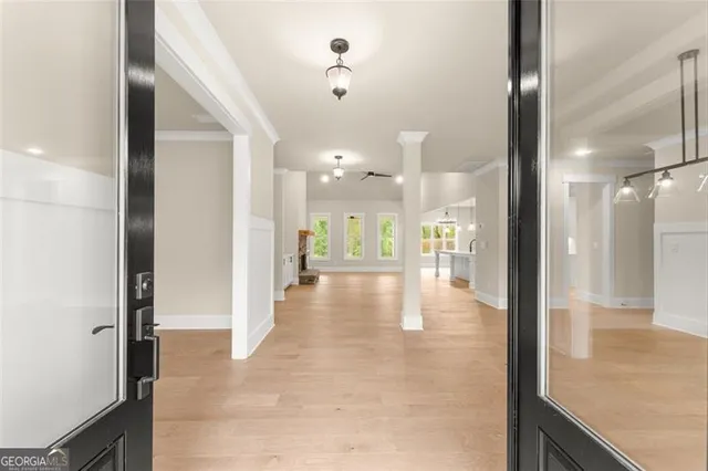 a view of a hallway with a view of a hallway