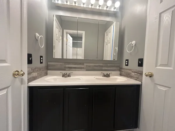 a bathroom with a sink and a mirror