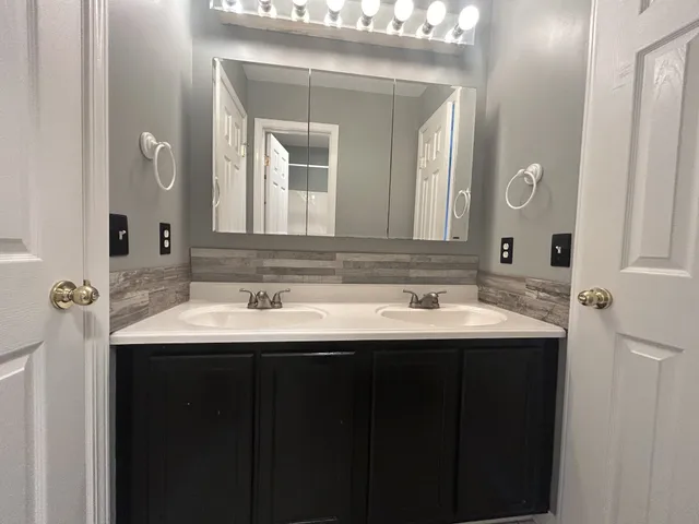 a bathroom with a sink and a mirror