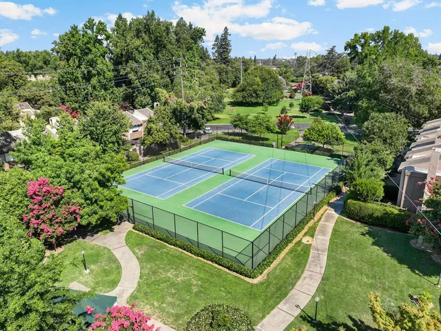 an aerial view of a tennis ground and large trees