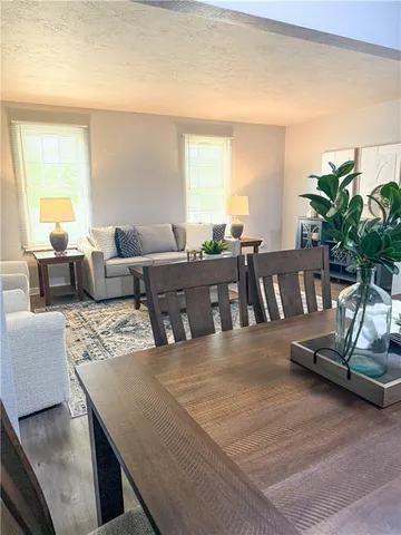 a living room with furniture potted plant and a large window