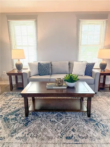a living room with furniture and a potted plant