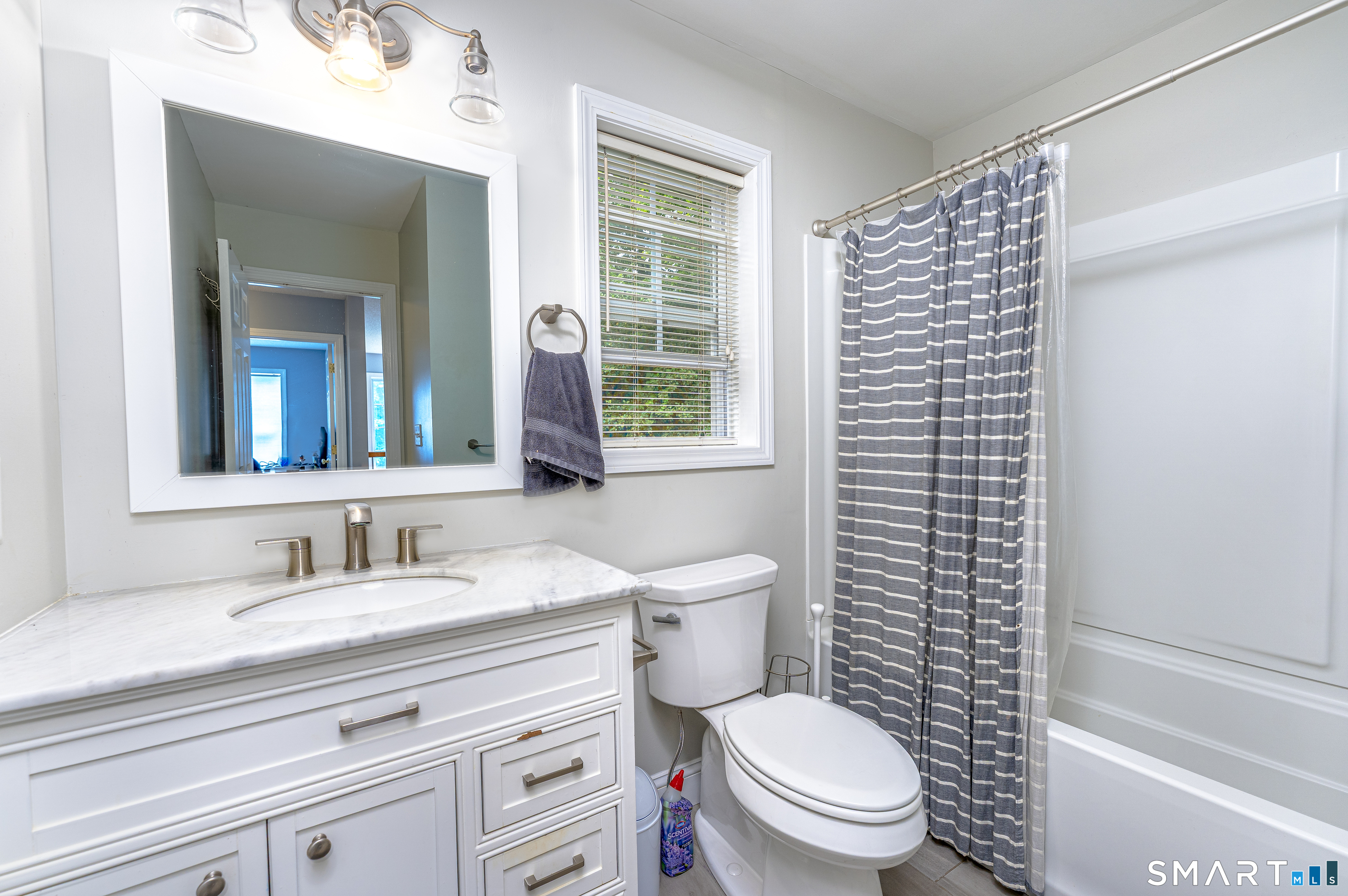 20 Gaylord Mountain Road Hamden, CT 06518 - Photo 29 of 37 a bathroom with a granite countertop toilet a sink a mirror a window and a shower