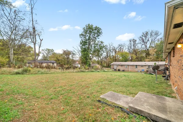 a view of a house with a yard and a large tree