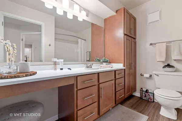 a bathroom with a double vanity sink mirror and toilet
