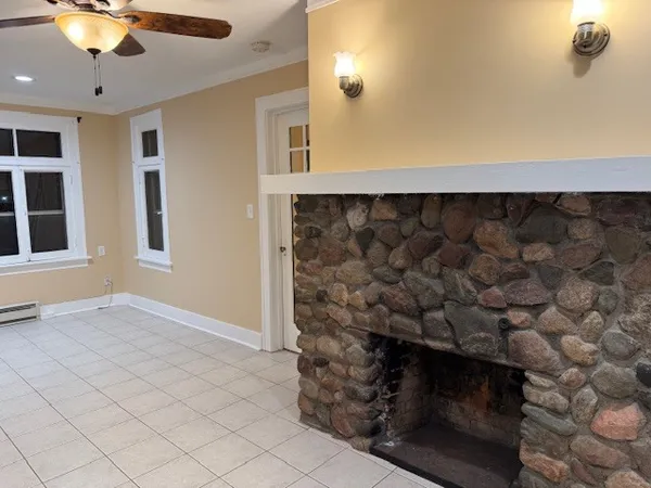 a room with a fireplace