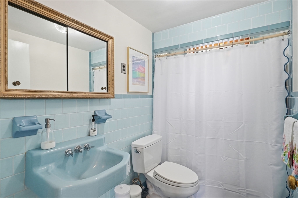 17 Vogel Street Boston, MA 02132 - Photo 19 of 43 a bathroom with a sink a toilet and shower curtain