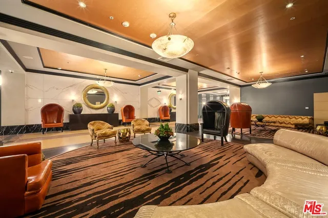 a view of a garden with plants and large trees