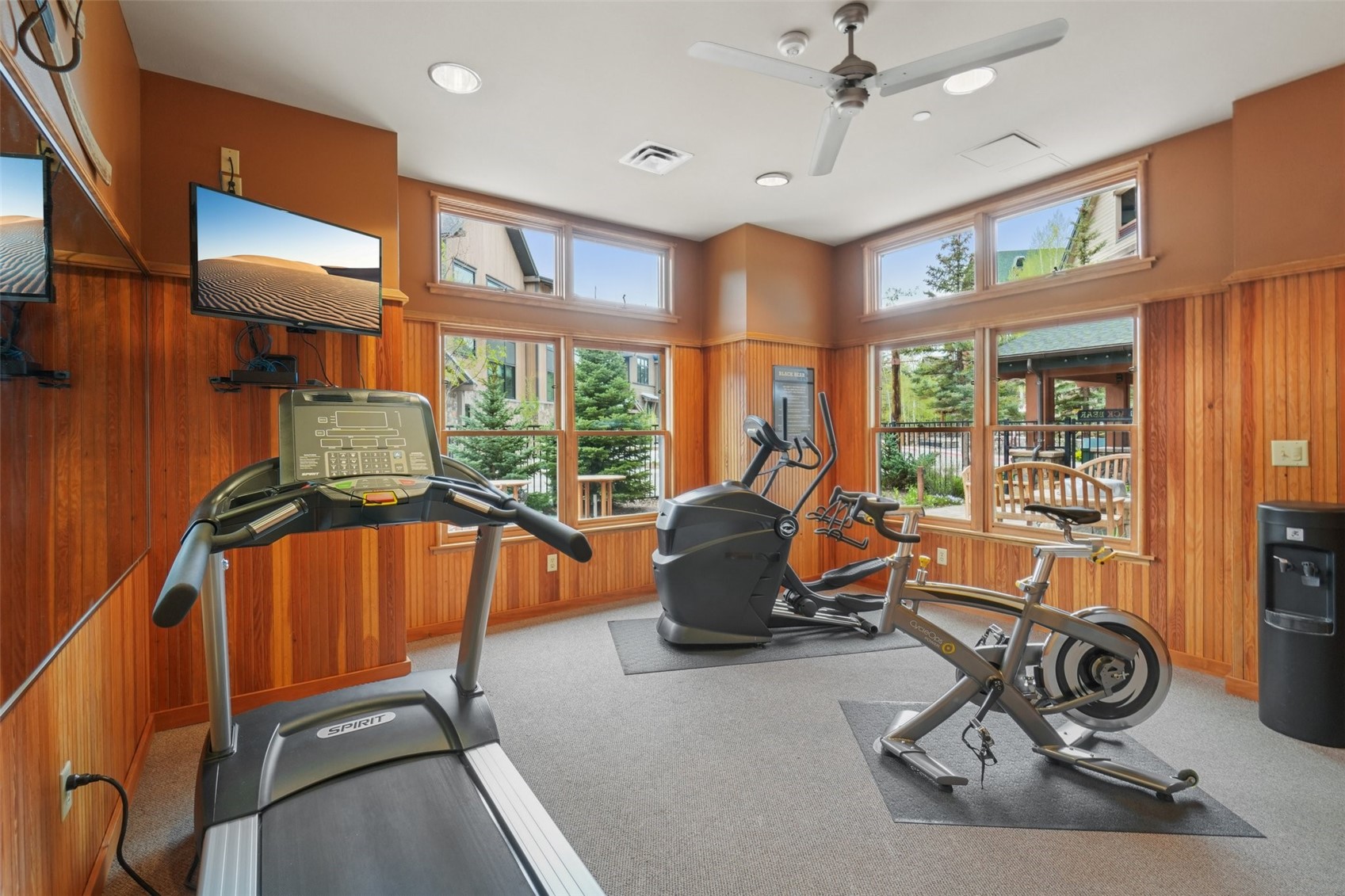 129 River Run Road, Unit 8055 Keystone, CO 80435 - Photo 37 of 50 Exercise room with wooden walls, healthy amount of natural light, ceiling fan, carpet, and recessed lighting