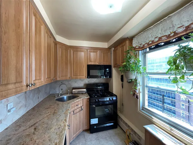 a kitchen with granite countertop a stove a sink and a microwave