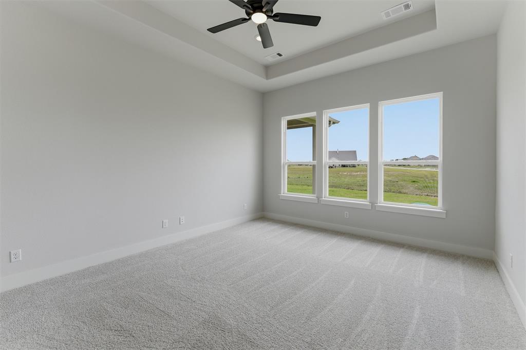 2204 Continent Court Krum, TX 76249 - Photo 11 of 28 Expansive room featuring a tray ceiling with a black ceiling fan, light gray carpeting, and three large windows overlooking open green space
