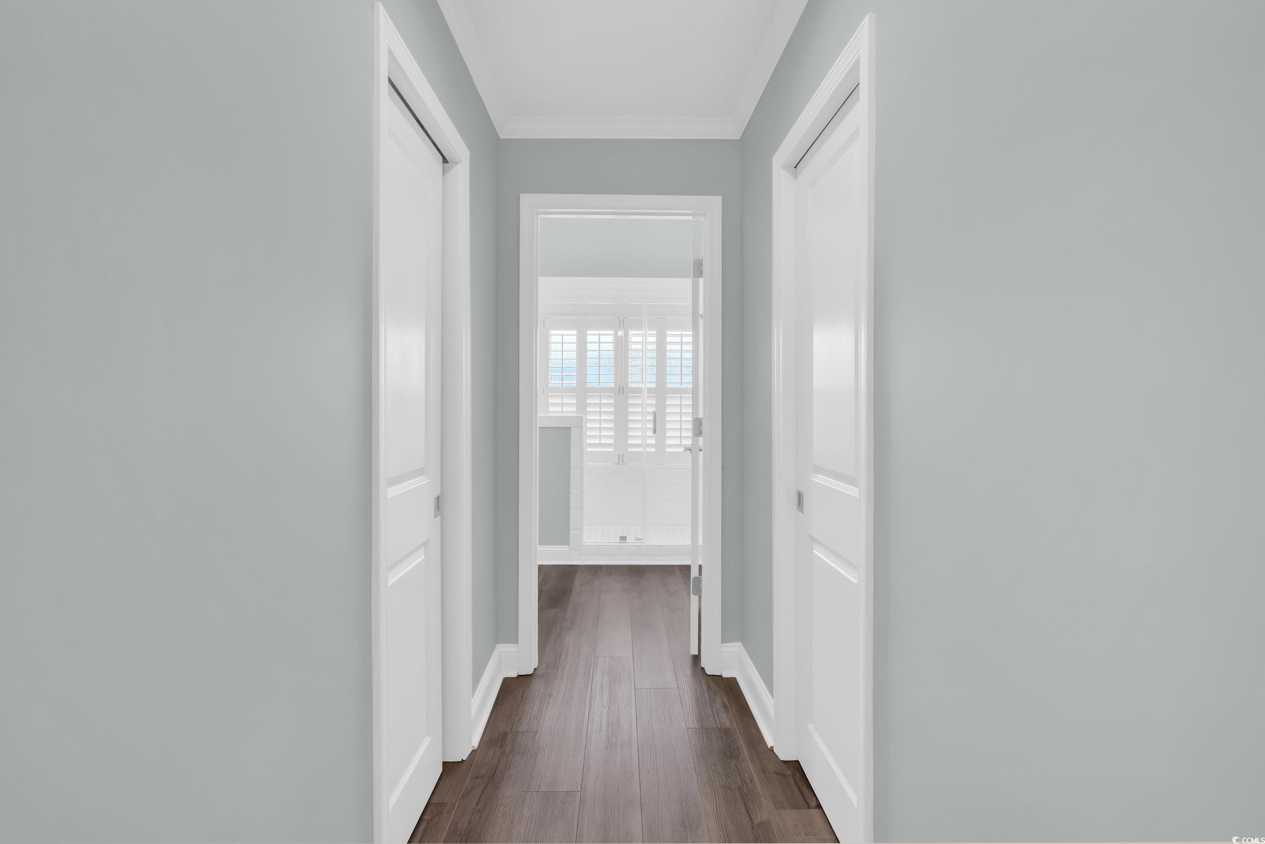 442 Deer Watch Circle Longs, SC 29568 - Photo 18 of 40 Hallway featuring dark wood-style flooring and crown molding