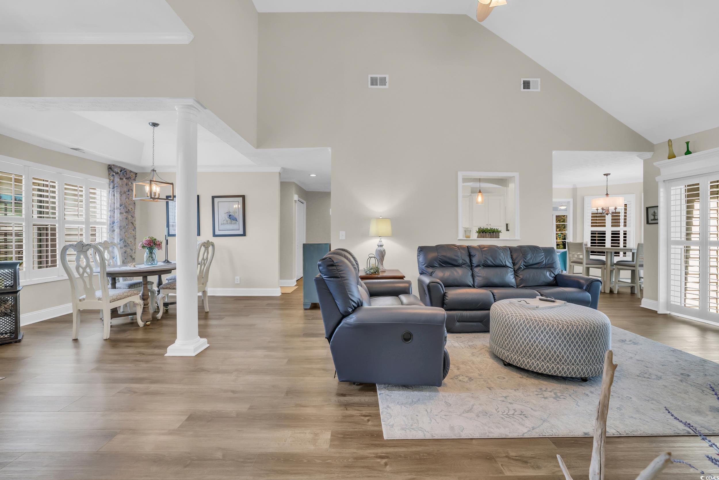 442 Deer Watch Circle Longs, SC 29568 - Photo 8 of 40 Living area featuring a chandelier, high vaulted ceiling, wood finished floors, and ceiling fan