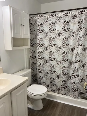 a bathroom with a toilet and a shower curtain