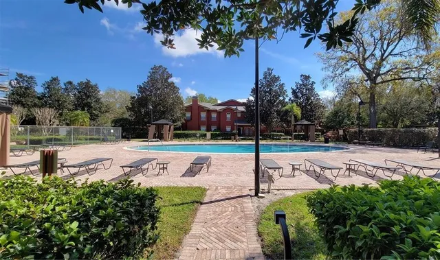 a view of a park with large trees