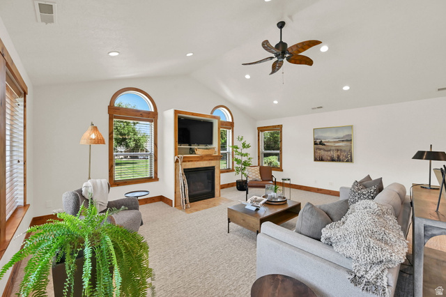 13658 South Fort Street Draper, UT 84020 - Photo 18 of 87 Vaulted ceiling with a ceiling fan, recessed lighting, and arched windows