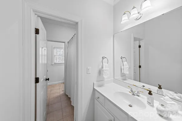 a bathroom with a sink a toilet and shower curtain
