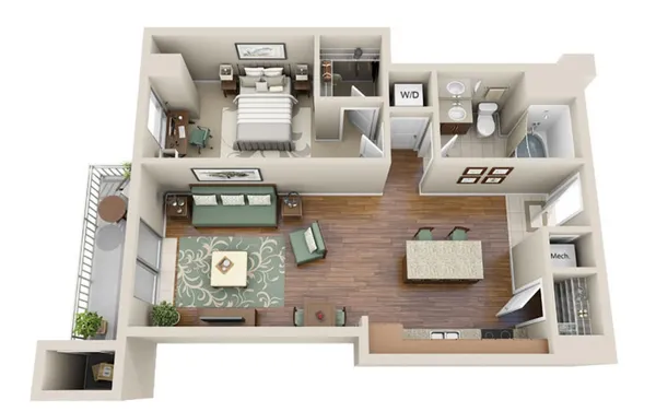 a living room with furniture and a table