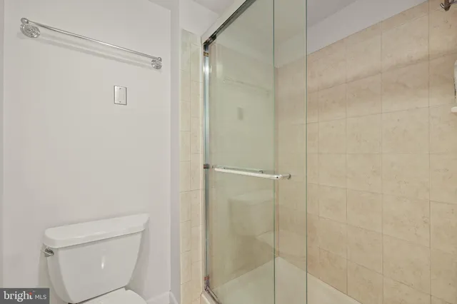 a bathroom with a shower and a toilet