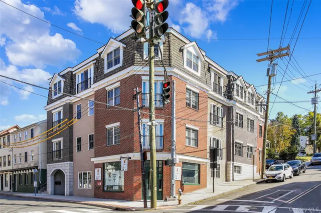 a front view of a multi story building