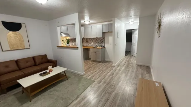 a view of a hallway with workspace