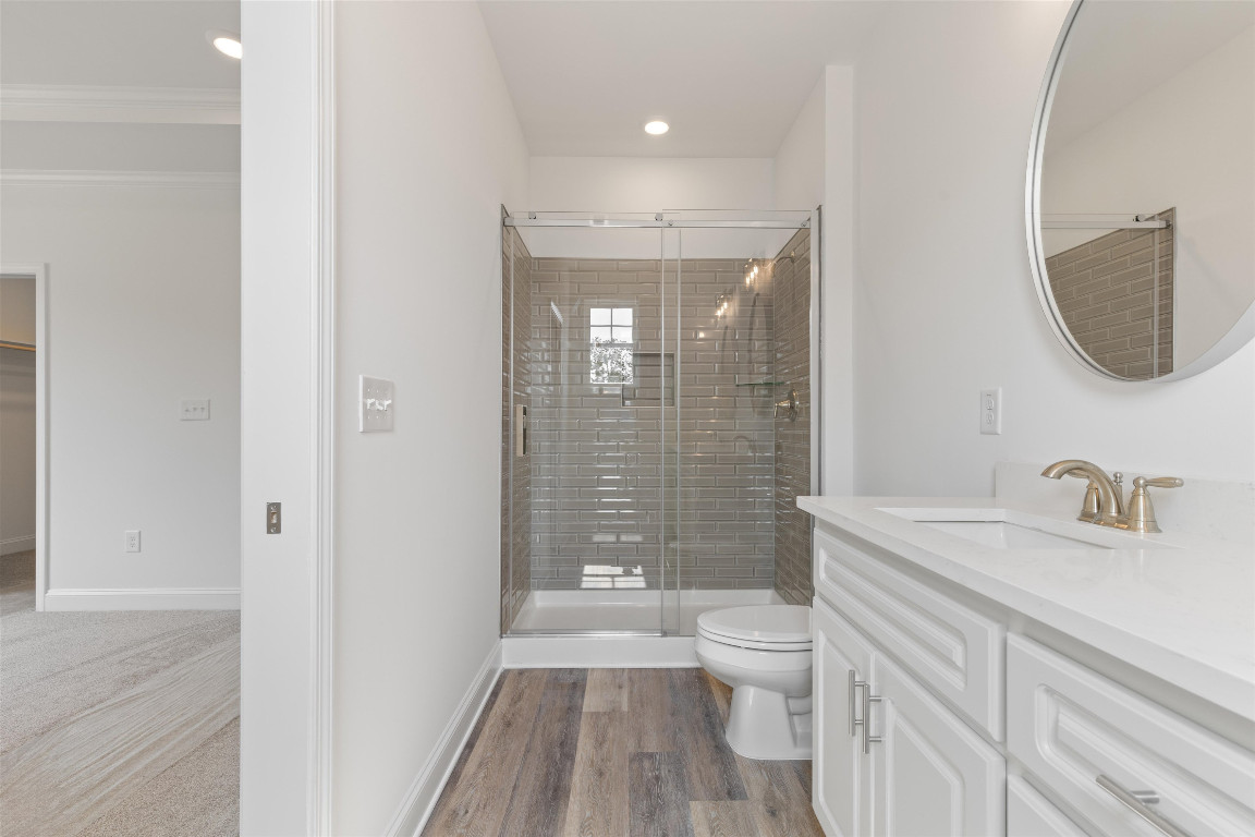 4000 Origin Drive Bailey, NC 27807 - Photo 38 of 47 a bathroom with a granite countertop toilet a sink a mirror a vanity and shower