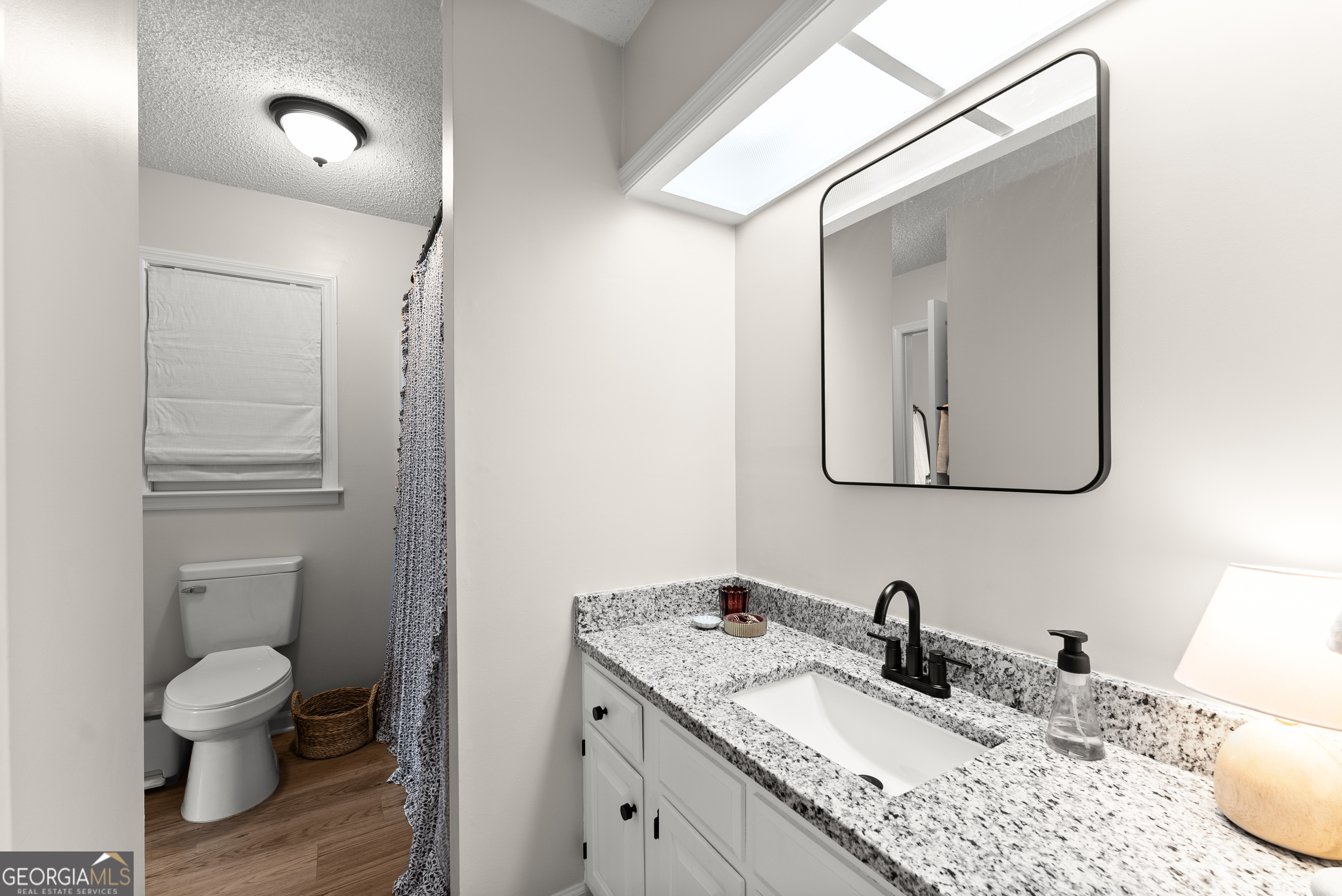 1165 Antioch Campground Road Gainesville, GA 30506 - Photo 30 of 65 a bathroom with a granite countertop toilet sink and mirror