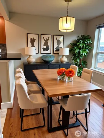 a view of a dining room with furniture and window