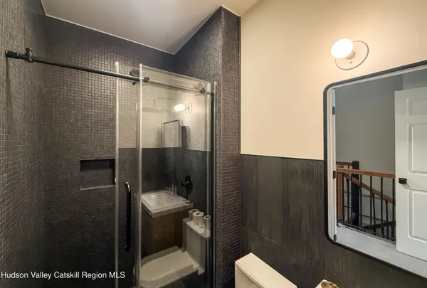 a bathroom with a shower and toilet