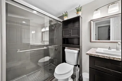 a bathroom with a toilet a sink and mirror